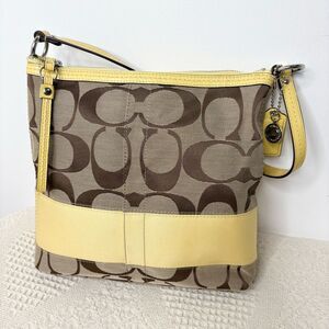 Coach Signature Stripe Shoulder Bag F13674 Khaki Yellow Hobo